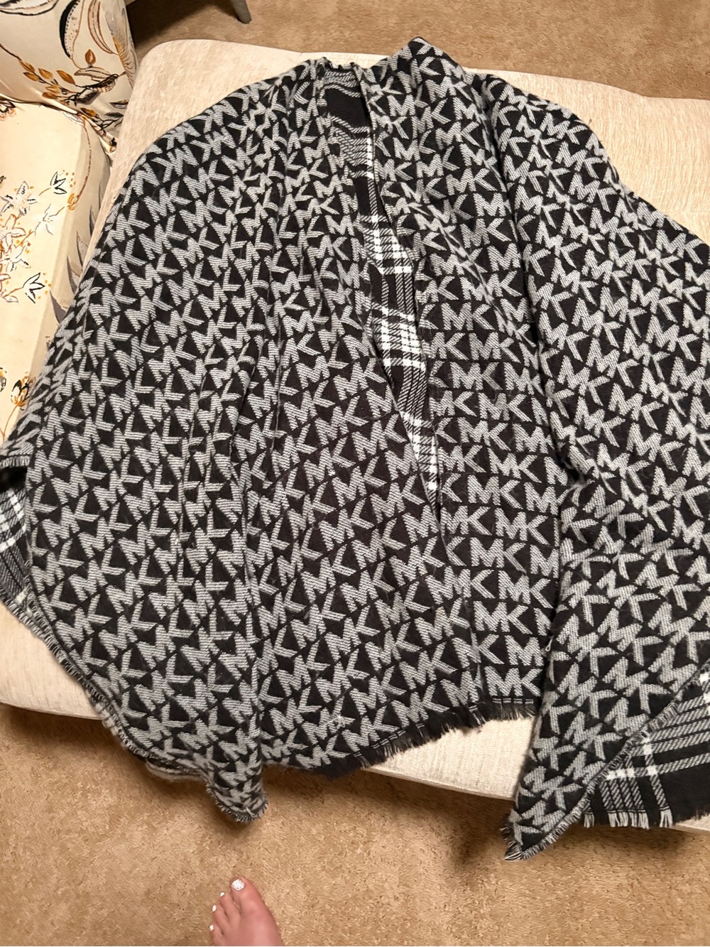 Michael Kors Black & Gray MK Logo Knit Cape Wrap